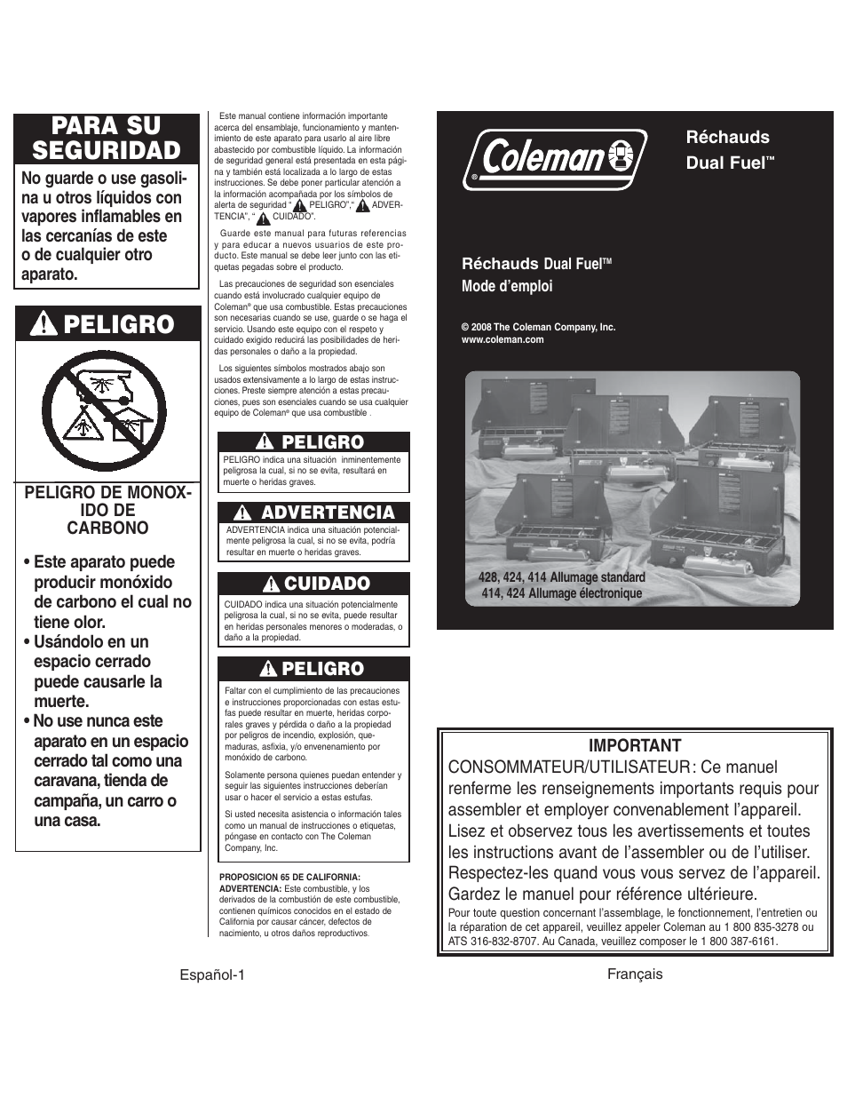 Para su seguridad, Peligro, Cuidado | Advertencia, Réchauds dual fuel | Coleman 4010003804 User Manual | Page 13 / 20