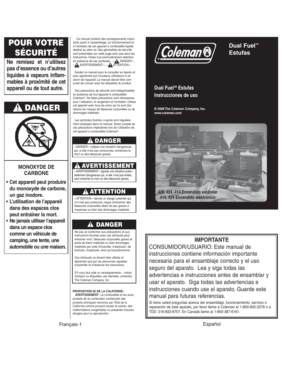 Pour votre sécurité, Danger, Attention | Avertissement, Estufas, Dual fuel, Estufas instrucciones de uso | Coleman 4010003804 User Manual | Page 14 / 20