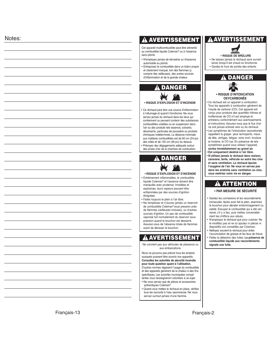 Avertissement danger, Avertissement, Danger | Attention, Français-13 français-2 | Coleman 4010003804 User Manual | Page 15 / 20