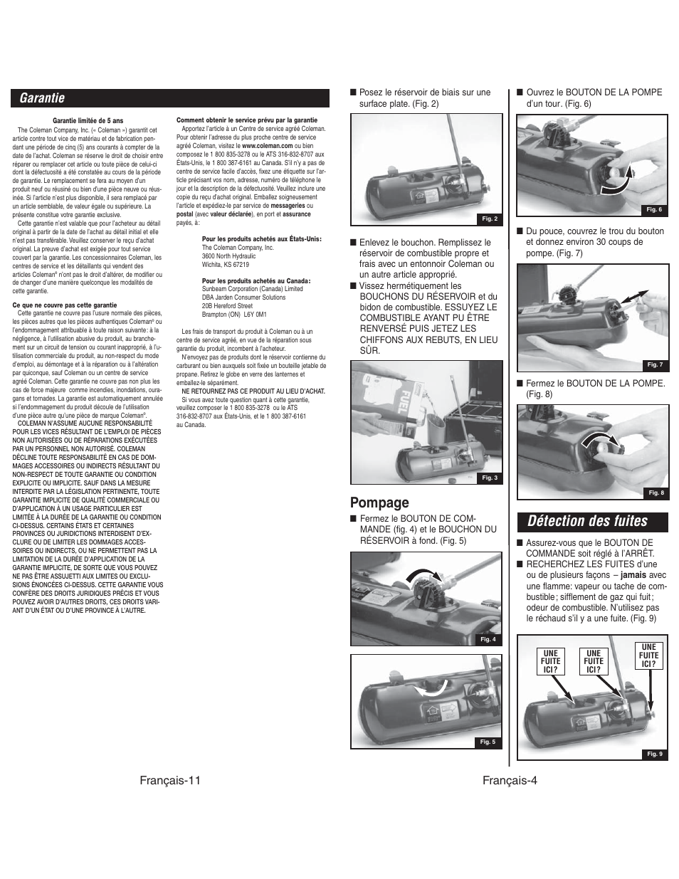 Détection des fuites, Pompage, Garantie | Français-11, Français-4 | Coleman 4010003804 User Manual | Page 17 / 20