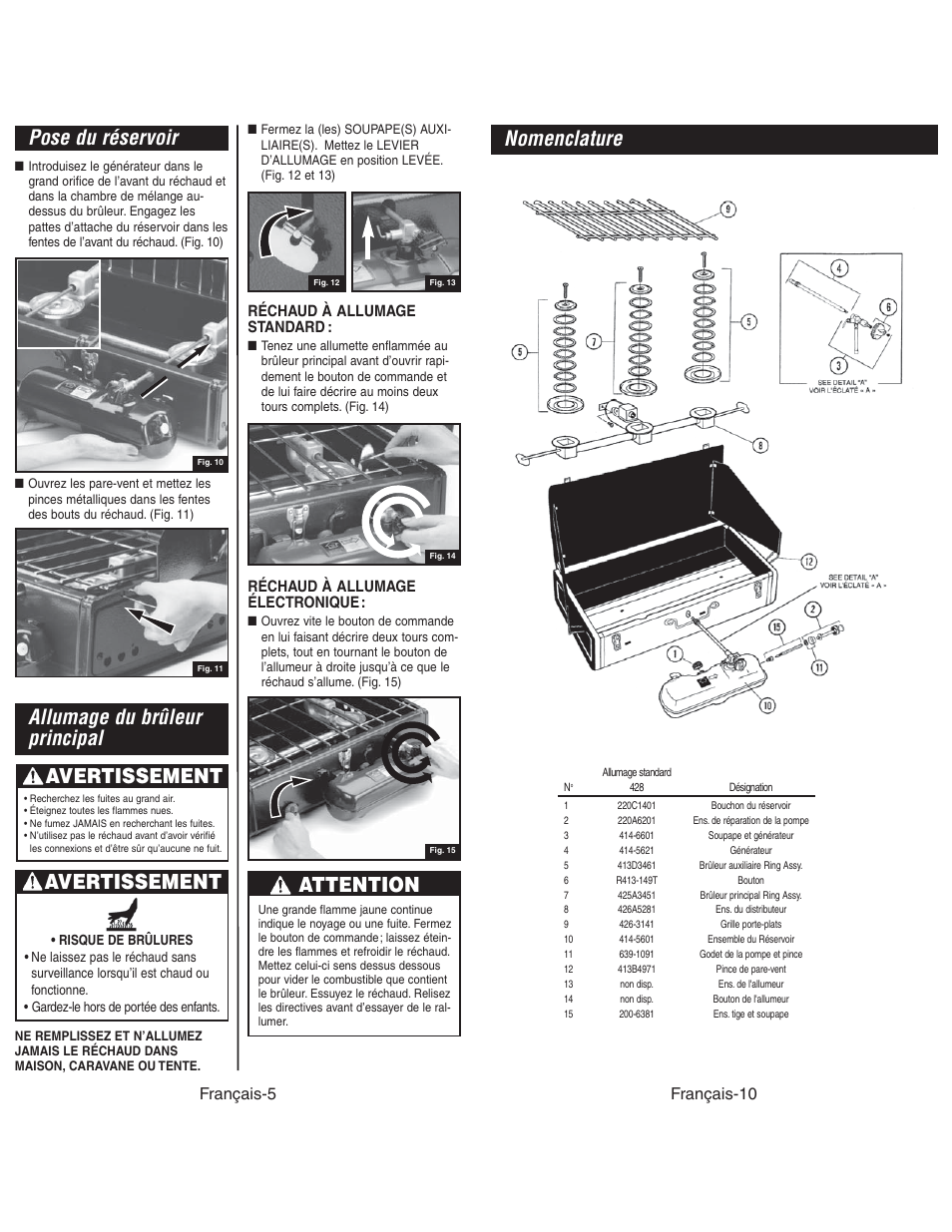 Nomenclature, Pose du réservoir, Allumage du brûleur principal | Avertissement, Attention, Français-10, Français-5, Réchaud à allumage standard, Réchaud à allumage électronique | Coleman 4010003804 User Manual | Page 18 / 20