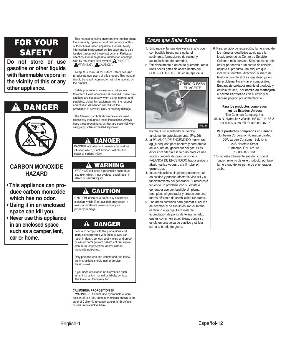 For your safety, Danger, Caution | Warning, Cosas que debe saber | Coleman 4010003804 User Manual | Page 2 / 20