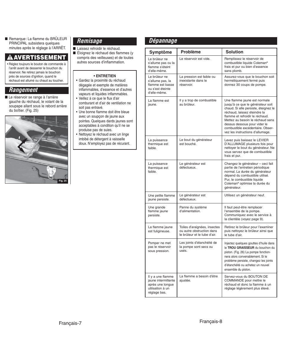 Dépannage, Remisage, Rangement | Avertissement, Français-8, Français-7 | Coleman 4010003804 User Manual | Page 20 / 20