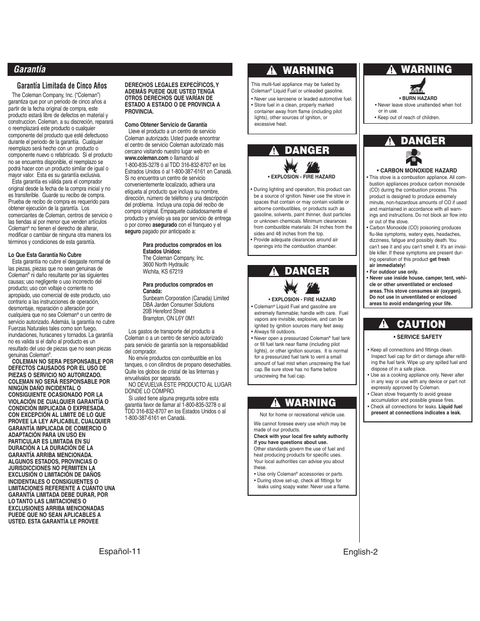 Warning danger, Warning, Danger | Caution, Garantía, Español-11, Garantía limitada de cinco años, English-2 | Coleman 4010003804 User Manual | Page 3 / 20