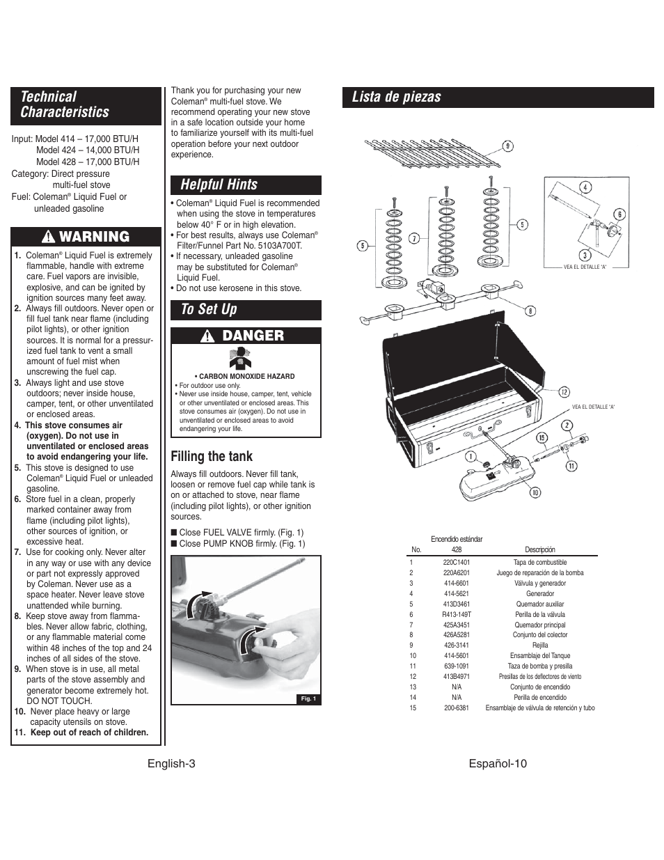 Lista de piezas, Technical characteristics, Helpful hints | Warning, Danger, Filling the tank, Español-10, English-3 | Coleman 4010003804 User Manual | Page 4 / 20