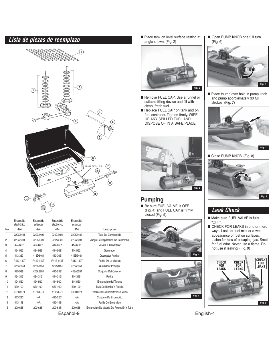 Lista de piezas de reemplazo, Leak check, Pumping | Español-9, English-4 | Coleman 4010003804 User Manual | Page 5 / 20