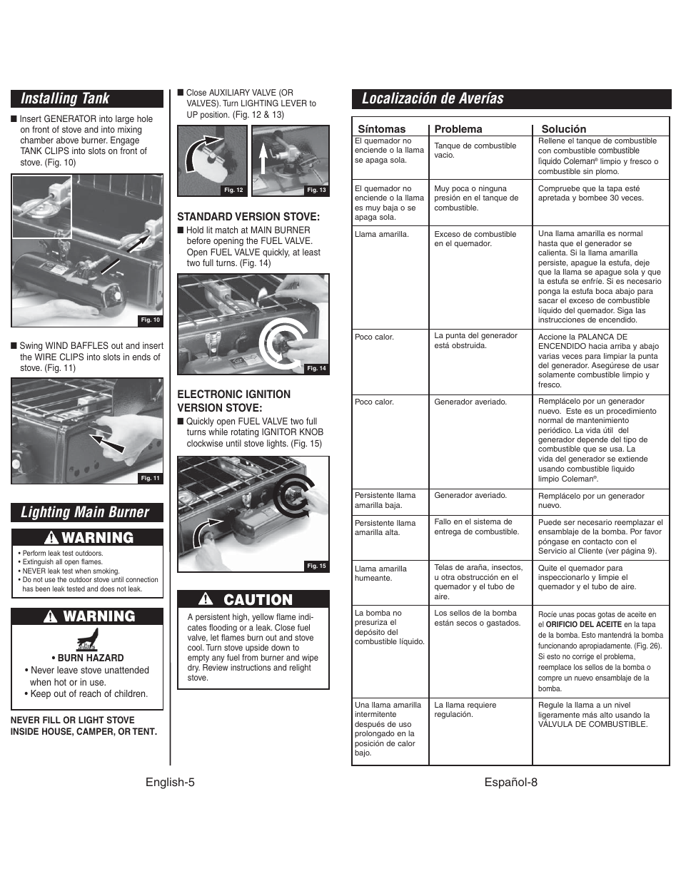 Localización de averías, Installing tank, Lighting main burner | Warning, Caution, Español-8, English-5 | Coleman 4010003804 User Manual | Page 6 / 20