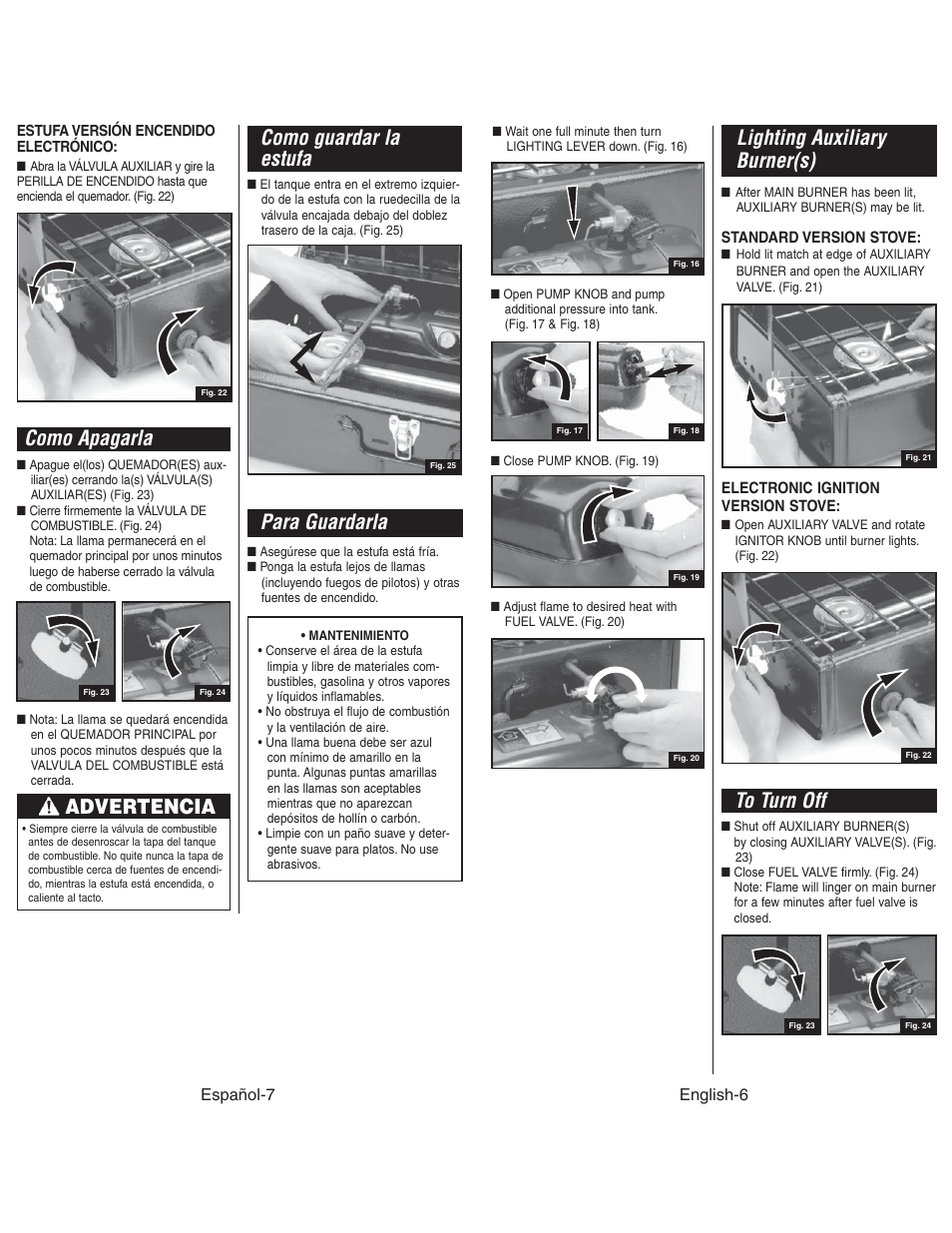 Para guardarla, Como guardar la estufa, Como apagarla | Lighting auxiliary burner(s), Advertencia | Coleman 4010003804 User Manual | Page 7 / 20