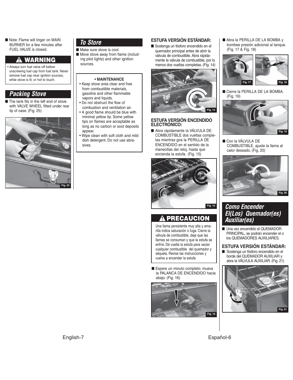 Como encender el(los) quemador(es) auxiliar(es), Packing stove, Precaucion | Warning | Coleman 4010003804 User Manual | Page 8 / 20