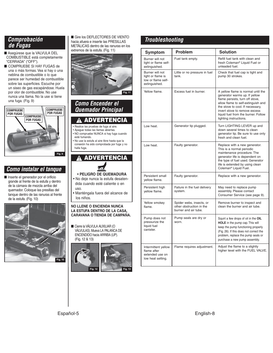 Como instalar el tanque, Como encender el quemador principal, Comprobación de fugas | Troubleshooting, Advertencia, Español-5, English-8 | Coleman 4010003804 User Manual | Page 9 / 20