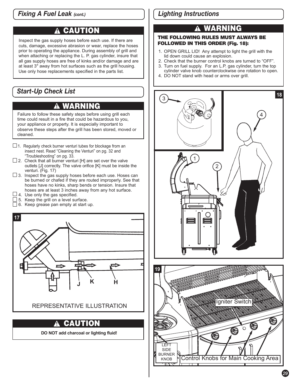 Caution, Warning, Fixing a fuel leak | Start-up check list, Lighting instructions | Coleman 5400 LP User Manual | Page 29 / 40