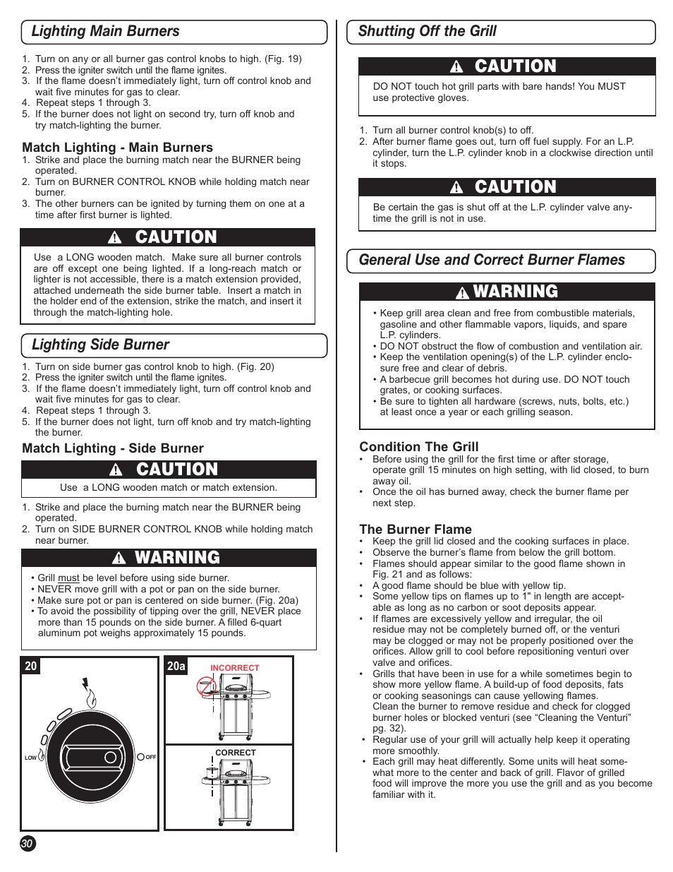 Caution, Warning, Lighting main burners lighting side burner | Coleman 5400 LP User Manual | Page 30 / 40