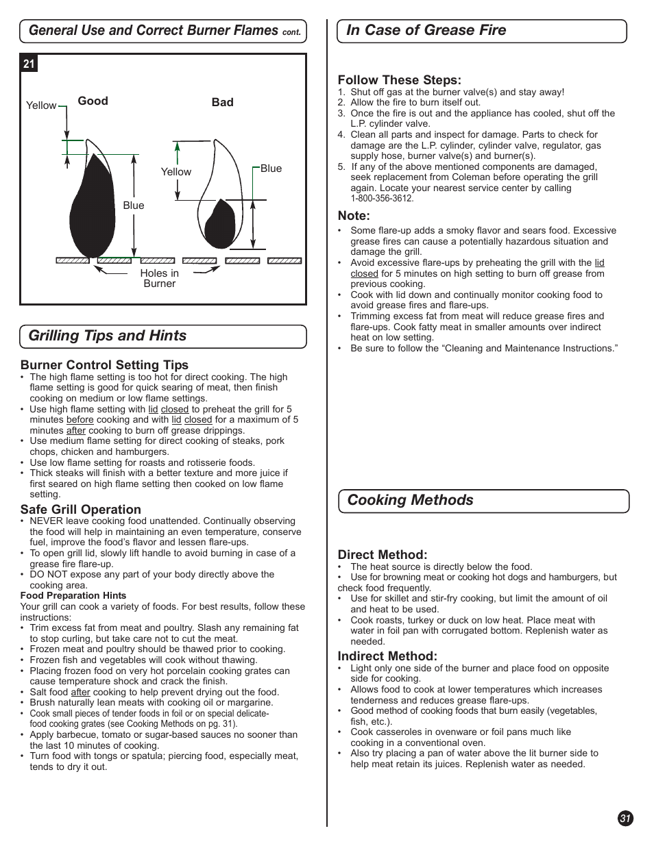 General use and correct burner flames, Grilling tips and hints, Cooking methods in case of grease fire | Coleman 5400 LP User Manual | Page 31 / 40