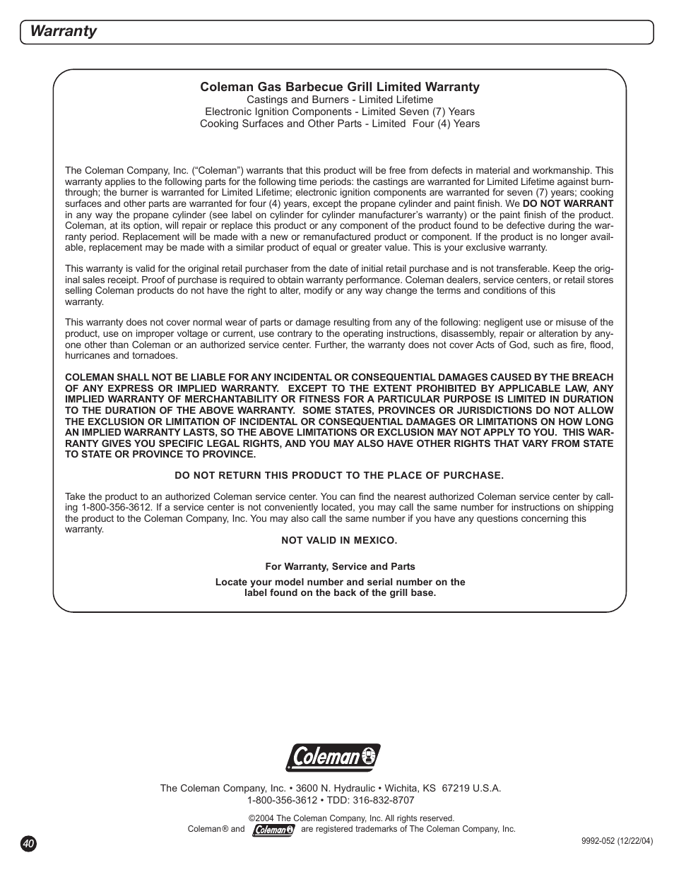 Warranty | Coleman 5400 LP User Manual | Page 40 / 40