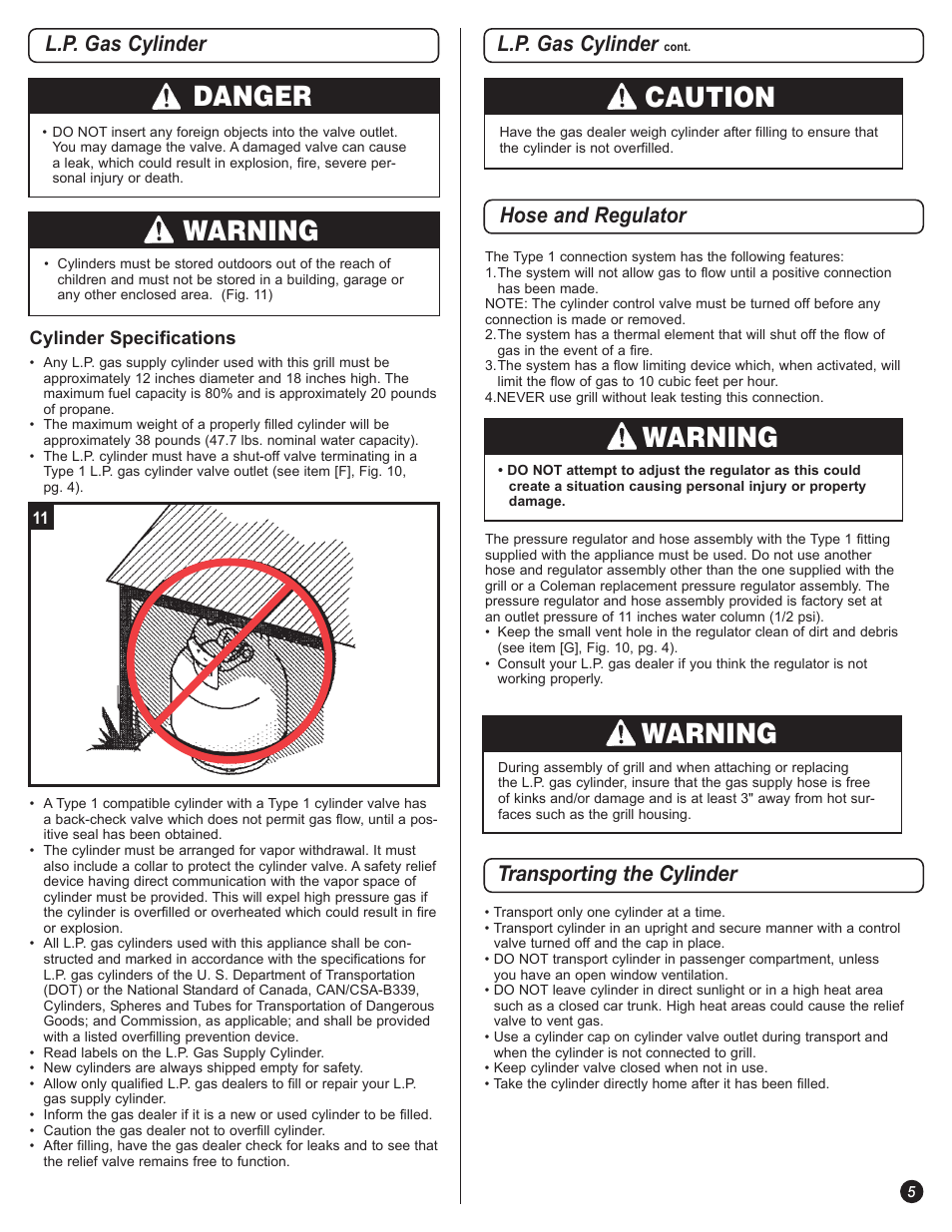 Danger, Warning, Caution | L.p. gas cylinder, Hose and regulator transporting the cylinder | Coleman 5400 LP User Manual | Page 5 / 40