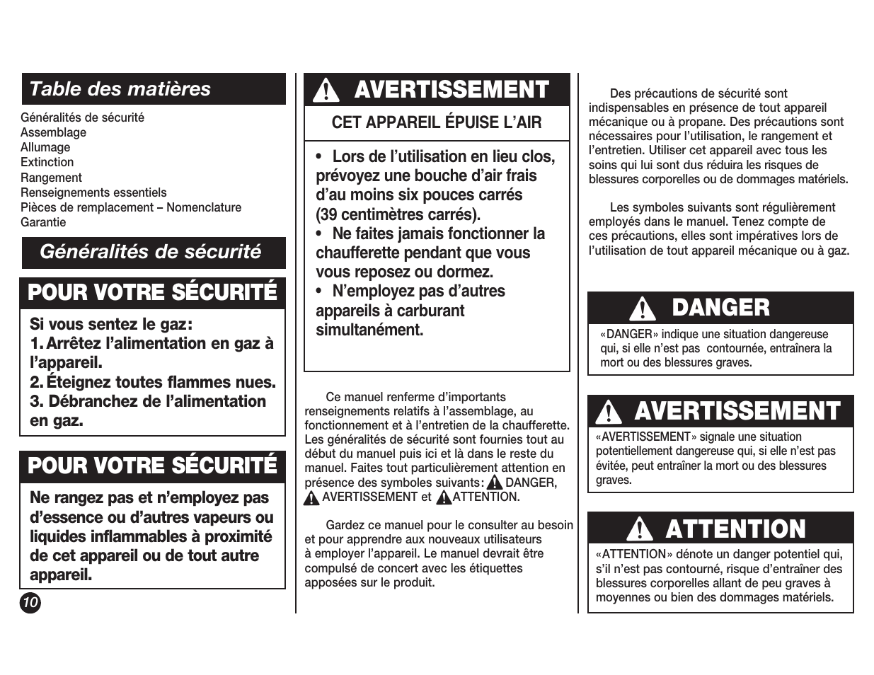 Attention, Avertissement, Danger | Pour votre sécurité | Coleman 5038 User Manual | Page 10 / 24