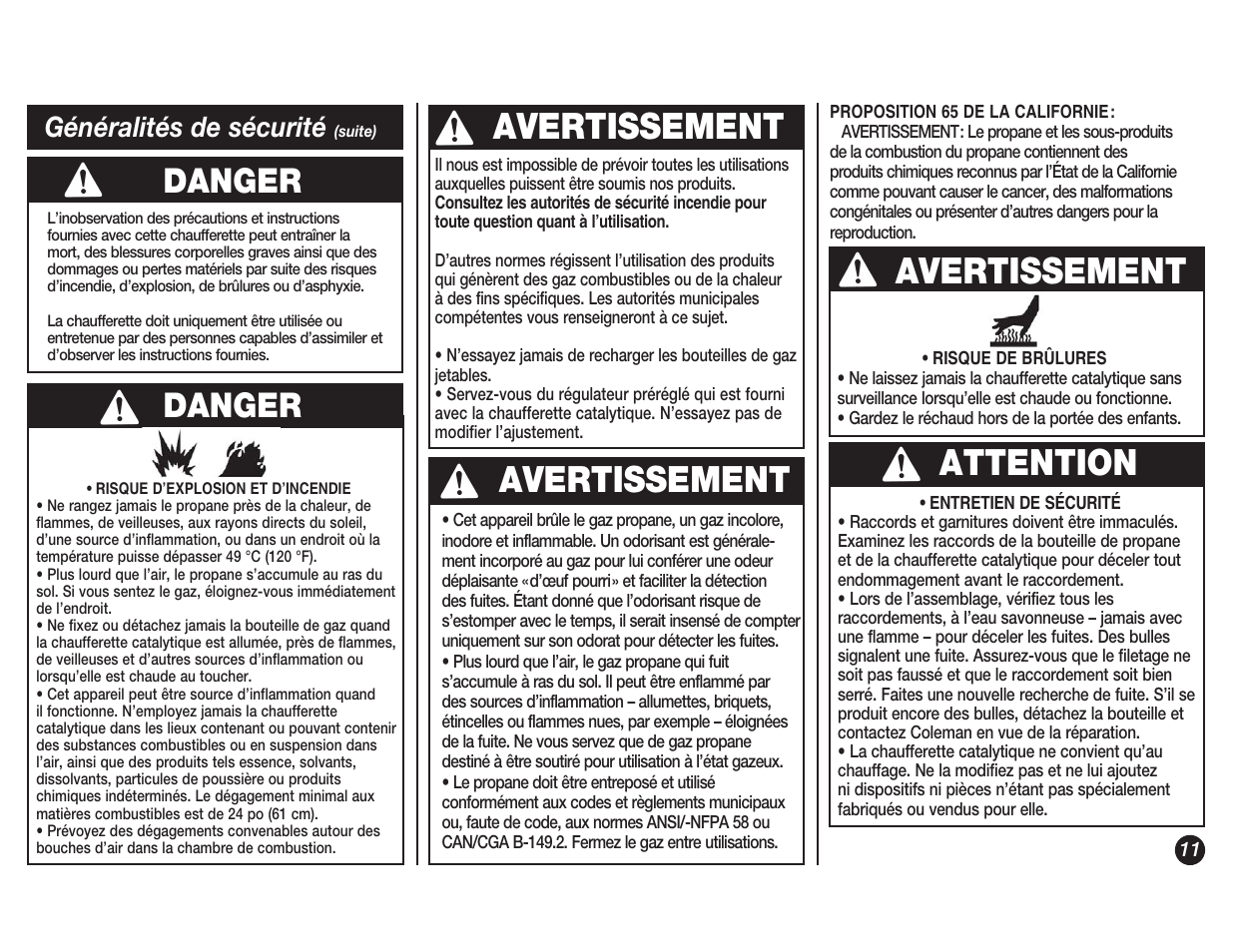 Avertissement, Attention, Danger | Généralités de sécurité | Coleman 5038 User Manual | Page 11 / 24