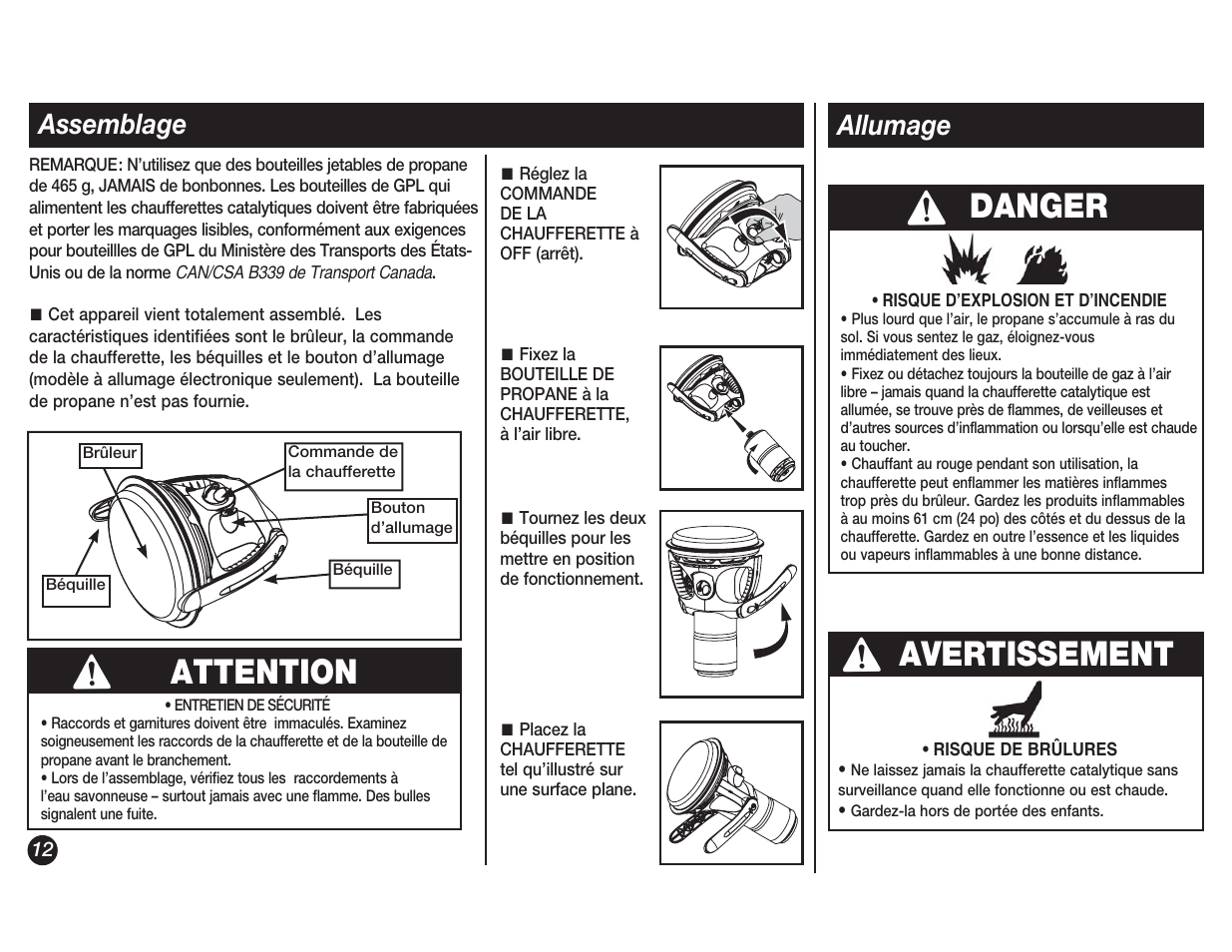 Attention, Avertissement, Danger | Assemblage, Allumage | Coleman 5038 User Manual | Page 12 / 24