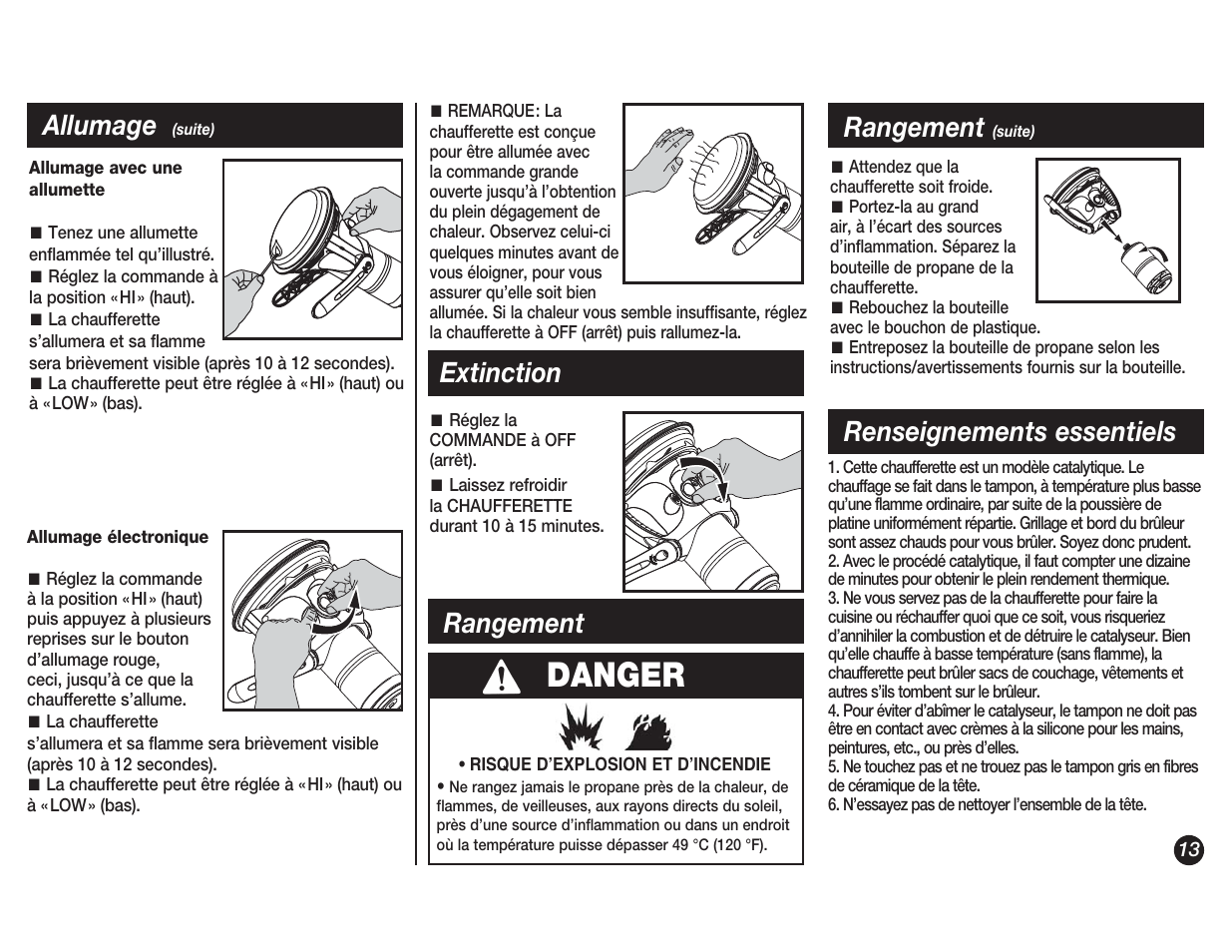 Danger, Allumage, Extinction | Rangement, Renseignements essentiels | Coleman 5038 User Manual | Page 13 / 24