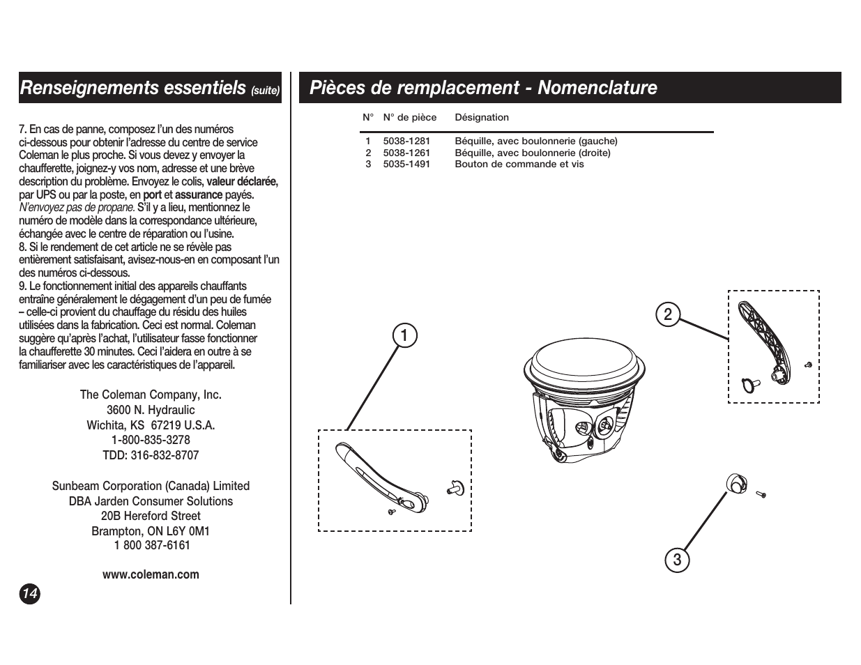 Pièces de remplacement - nomenclature, Renseignements essentiels | Coleman 5038 User Manual | Page 14 / 24