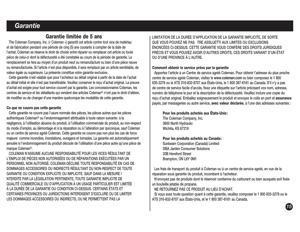 Garantie, Garantie limitée de 5 ans | Coleman 5038 User Manual | Page 15 / 24