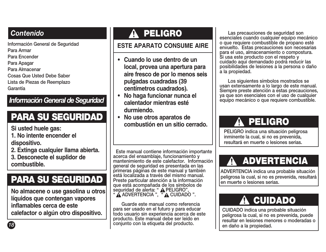 Para su seguridad, Advertencia, Cuidado | Peligro | Coleman 5038 User Manual | Page 18 / 24