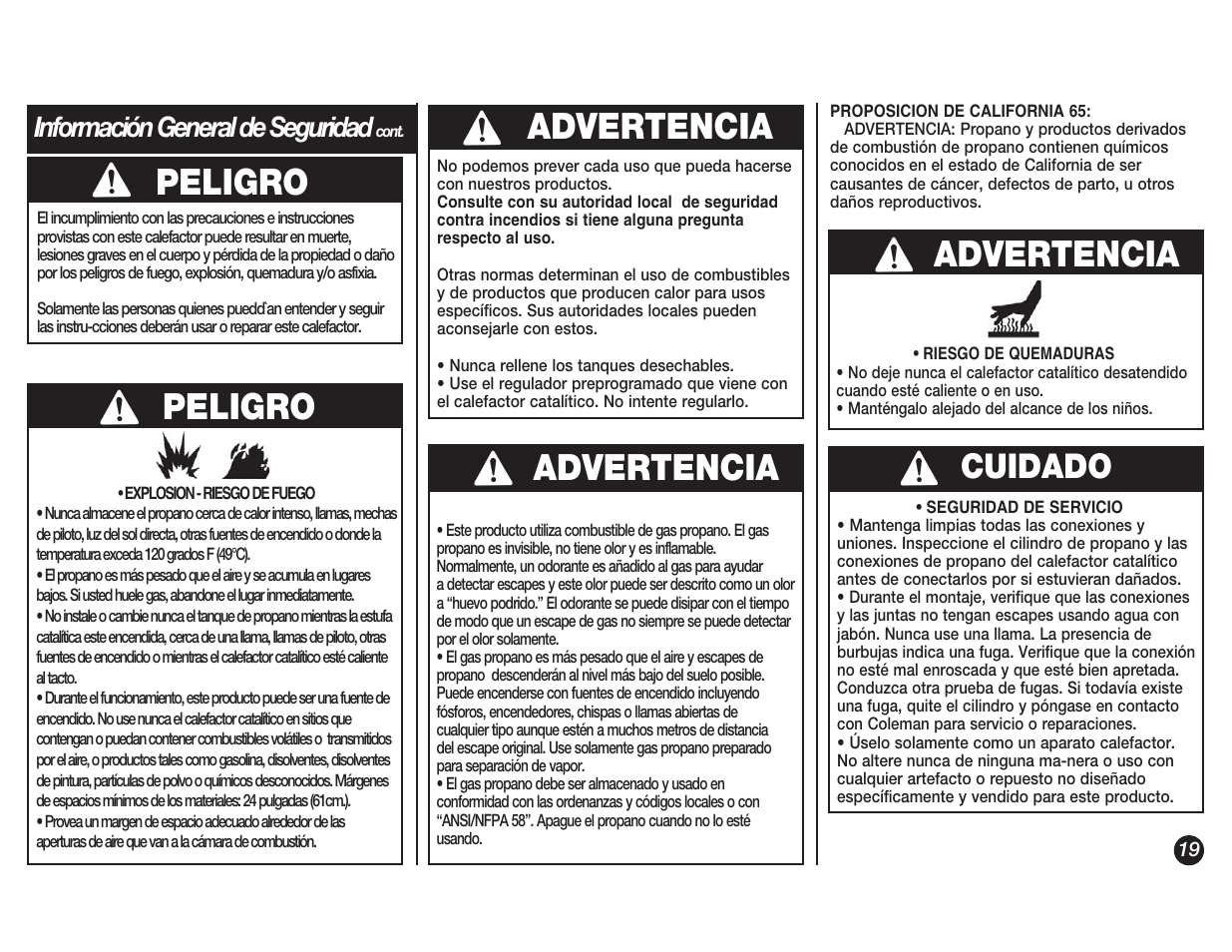 Peligro, Peligro advertencia, Advertencia | Cuidado | Coleman 5038 User Manual | Page 19 / 24