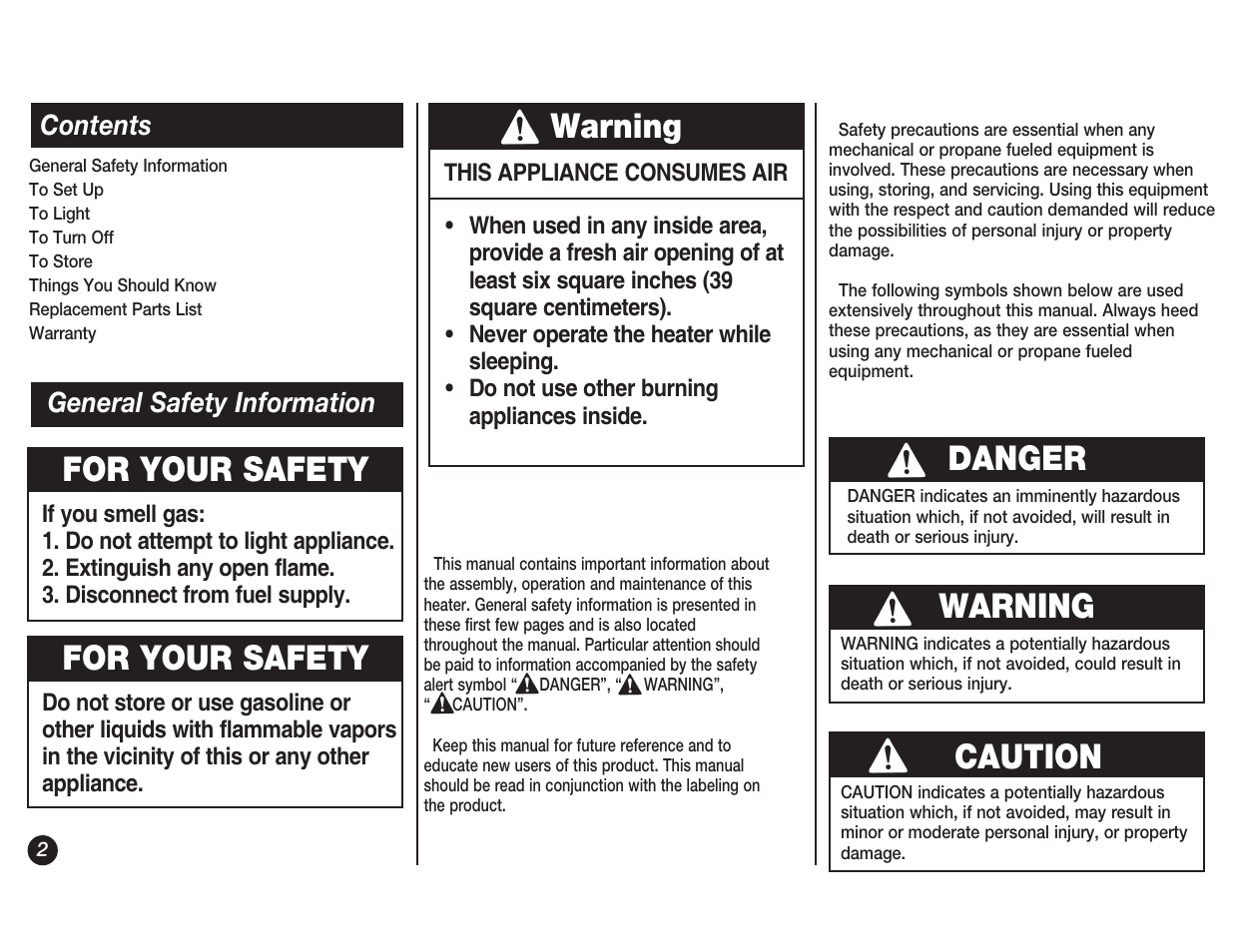 For your safety, For your safety warning, Warning | Danger, Caution | Coleman 5038 User Manual | Page 2 / 24