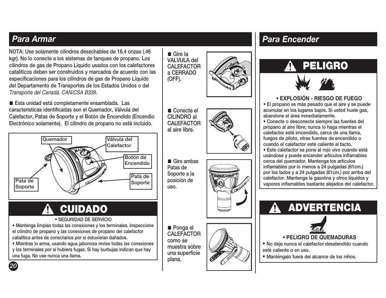 Cuidado, Advertencia, Peligro | Para armar, Para encender | Coleman 5038 User Manual | Page 20 / 24