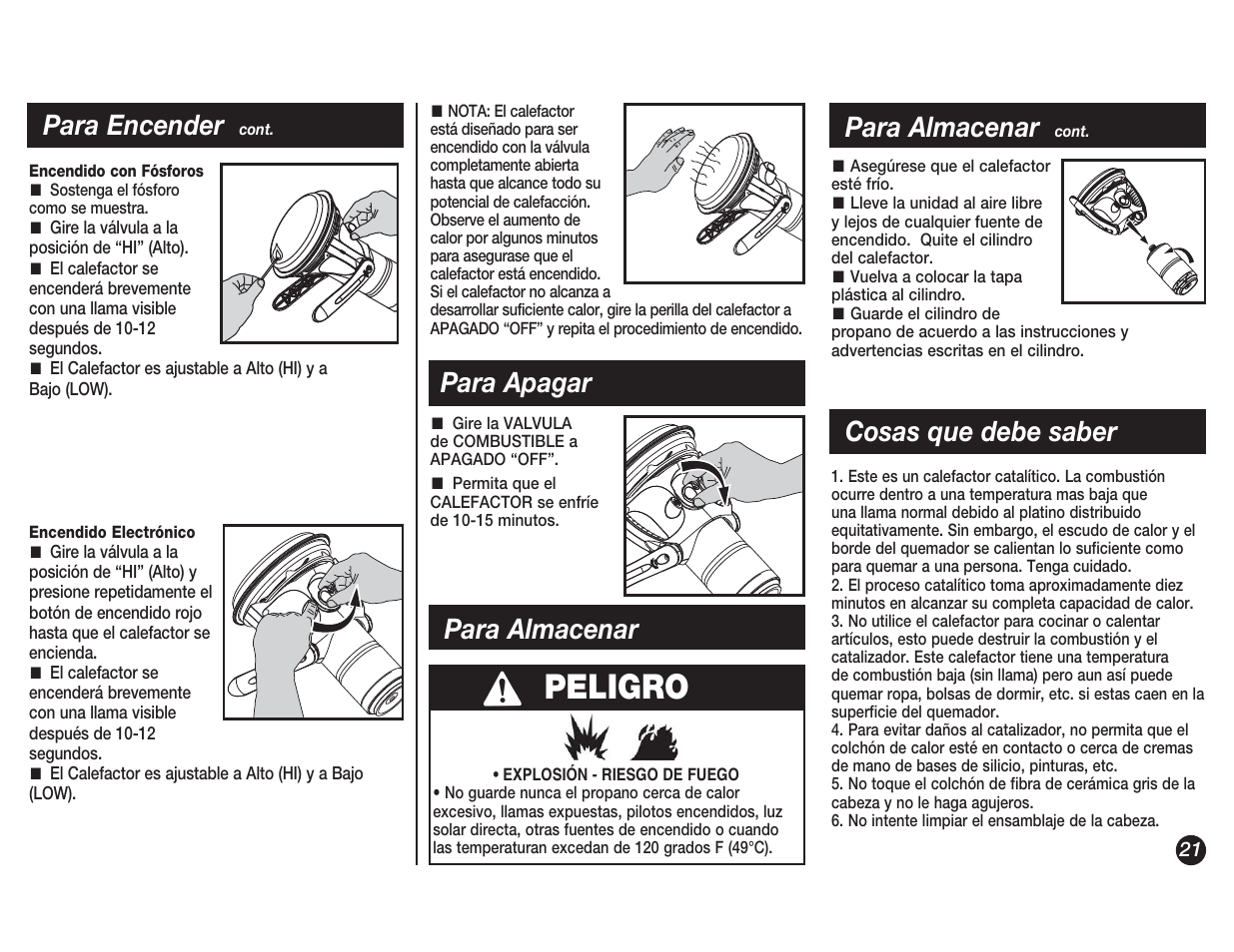 Peligro, Para encender, Para apagar para almacenar | Para almacenar, Cosas que debe saber | Coleman 5038 User Manual | Page 21 / 24