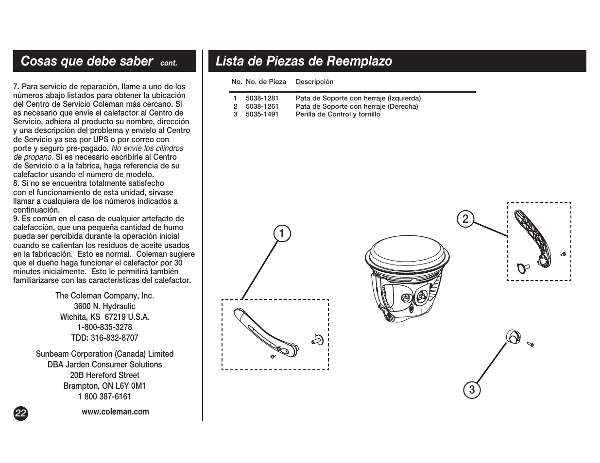 Lista de piezas de reemplazo, Cosas que debe saber | Coleman 5038 User Manual | Page 22 / 24