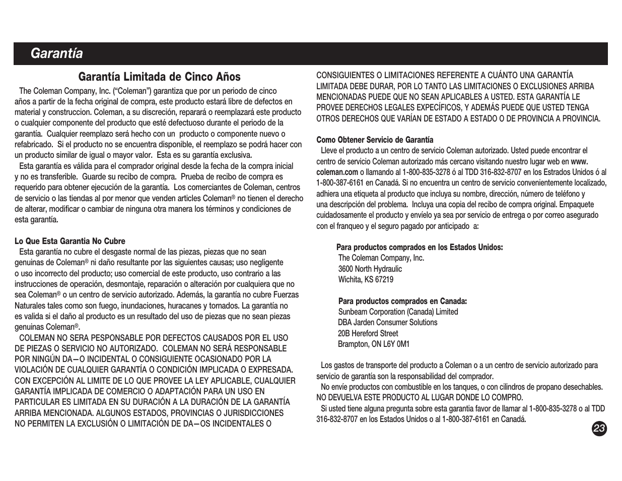 Garantía, Garantía limitada de cinco años | Coleman 5038 User Manual | Page 23 / 24