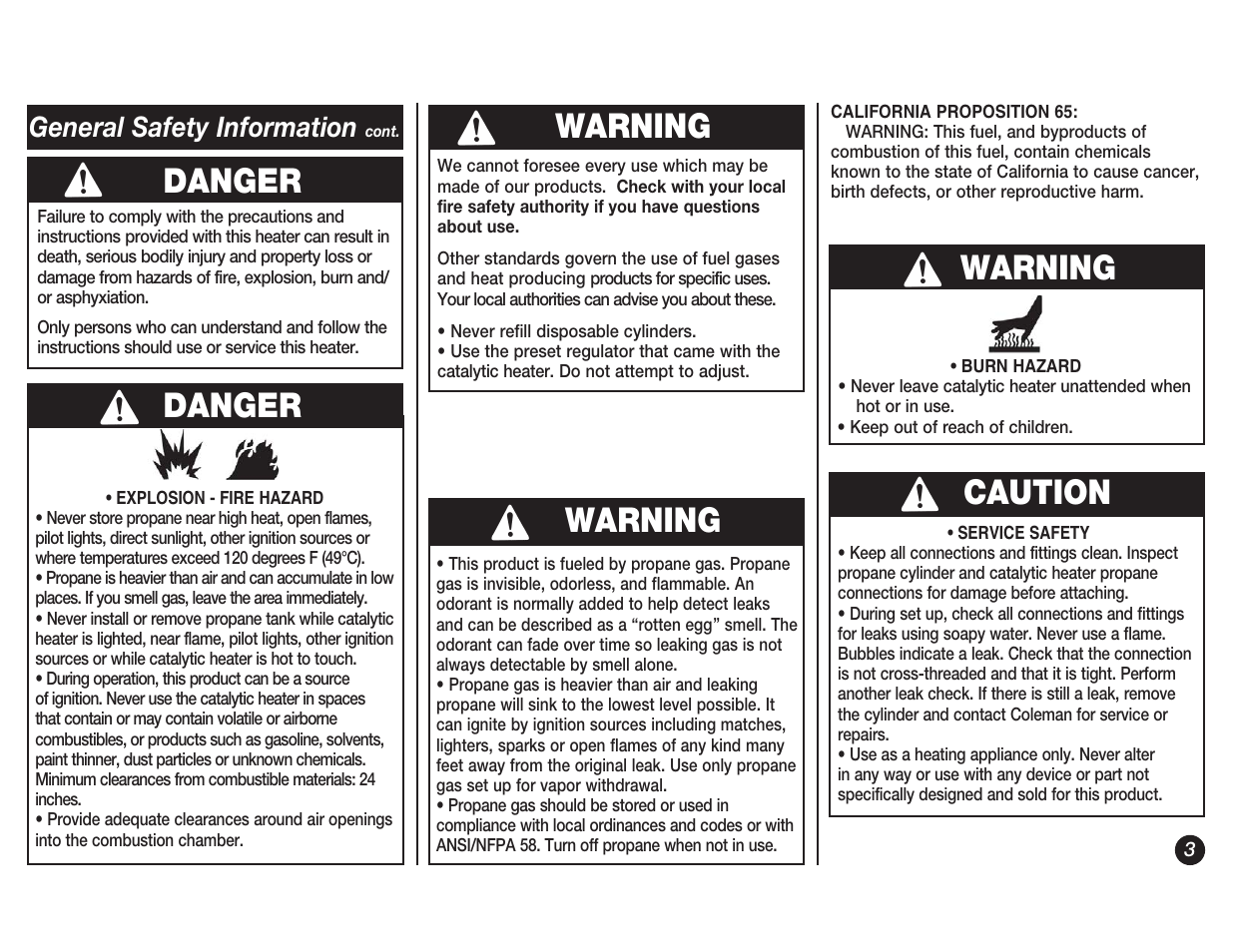 Danger, Danger warning, Warning | Caution, General safety information | Coleman 5038 User Manual | Page 3 / 24