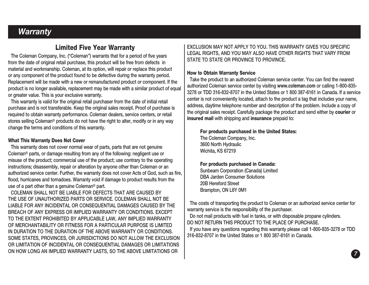 Warranty, Limited five year warranty | Coleman 5038 User Manual | Page 7 / 24