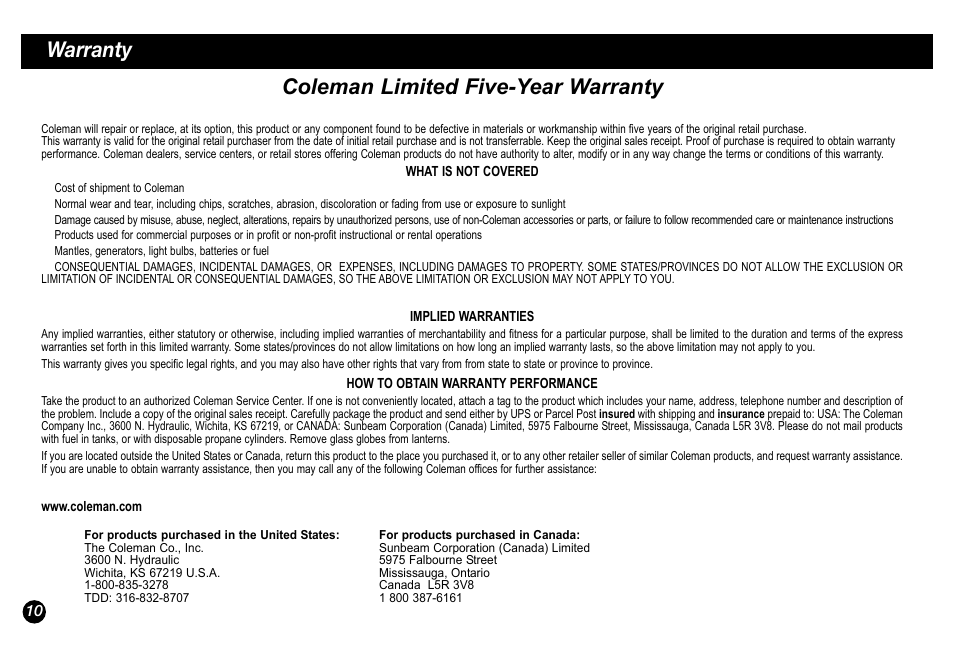 Warranty, Coleman limited five-year warranty | Coleman 5034 User Manual | Page 10 / 32