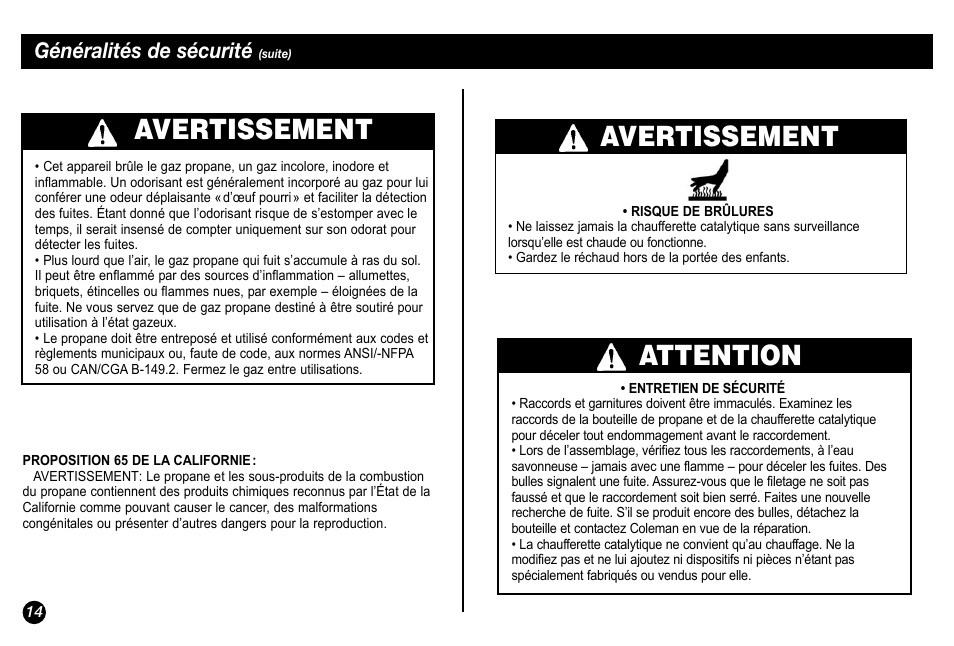 Avertissement, Attention, Généralités de sécurité | Coleman 5034 User Manual | Page 14 / 32