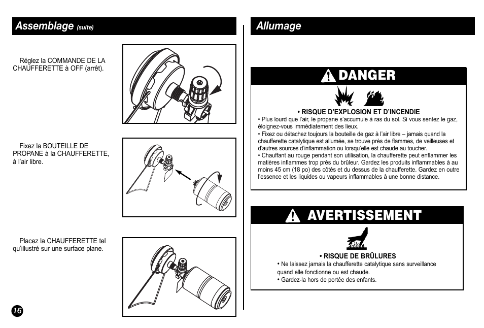 Danger, Avertissement, Allumage | Assemblage | Coleman 5034 User Manual | Page 16 / 32