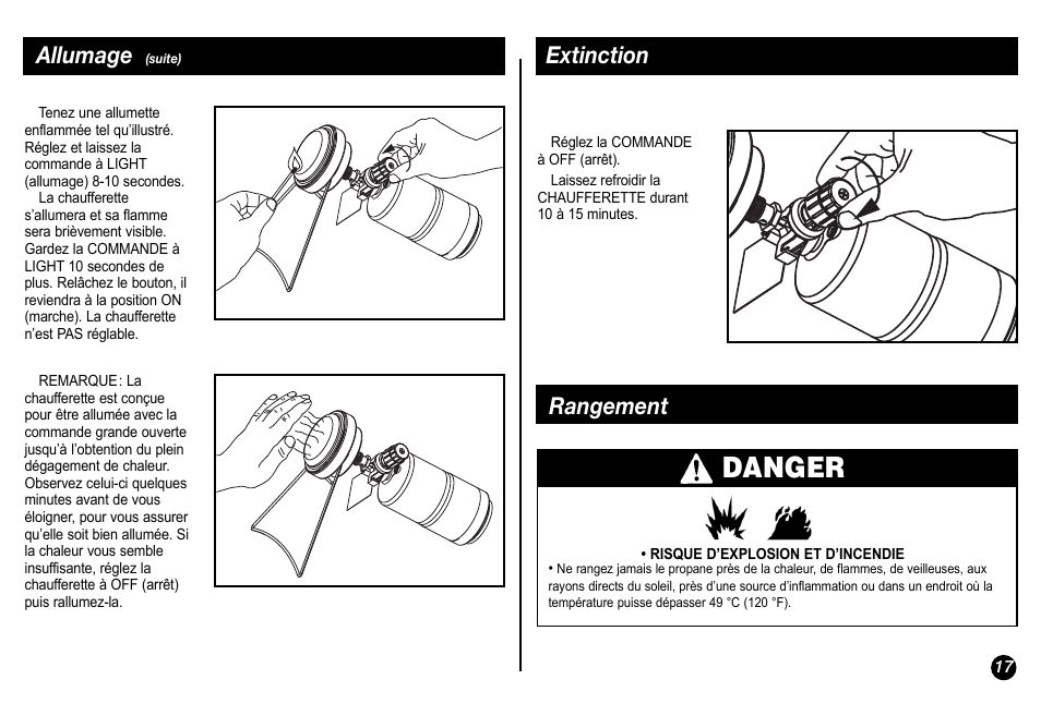 Danger, Allumage, Extinction | Rangement | Coleman 5034 User Manual | Page 17 / 32