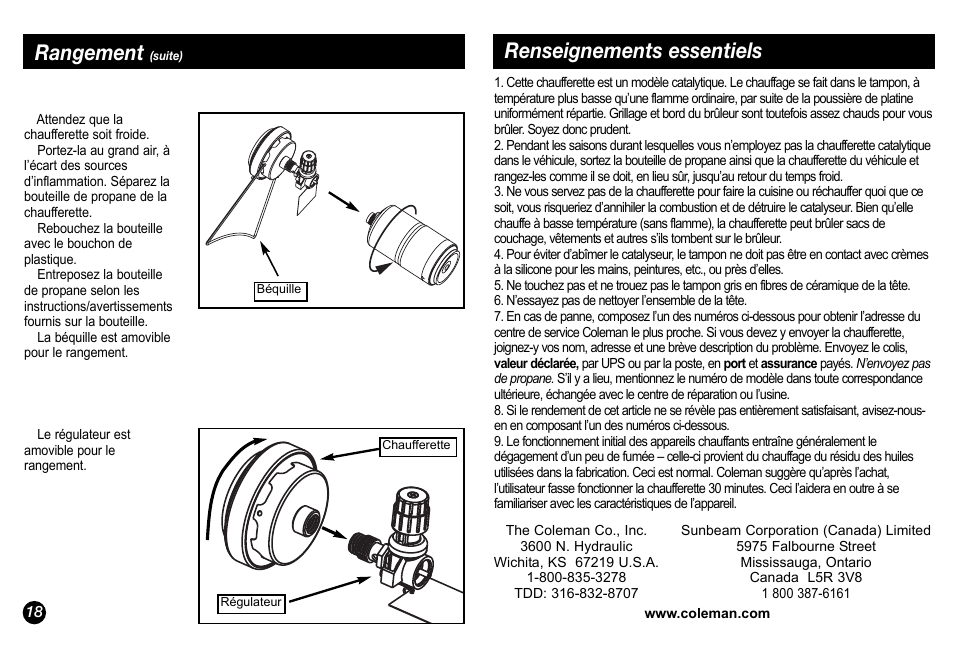 Rangement, Renseignements essentiels | Coleman 5034 User Manual | Page 18 / 32