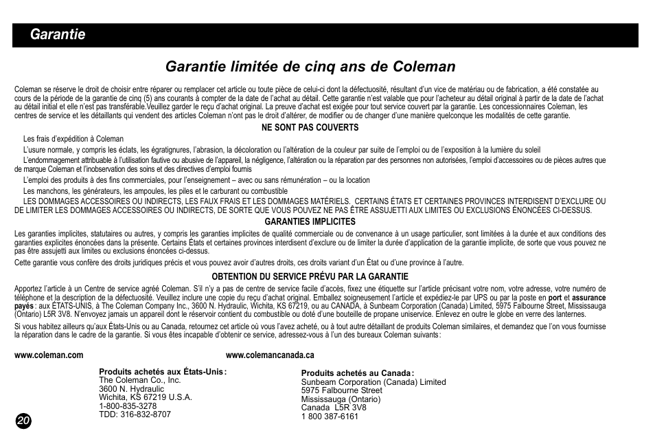 Garantie garantie limitée de cinq ans de coleman | Coleman 5034 User Manual | Page 20 / 32