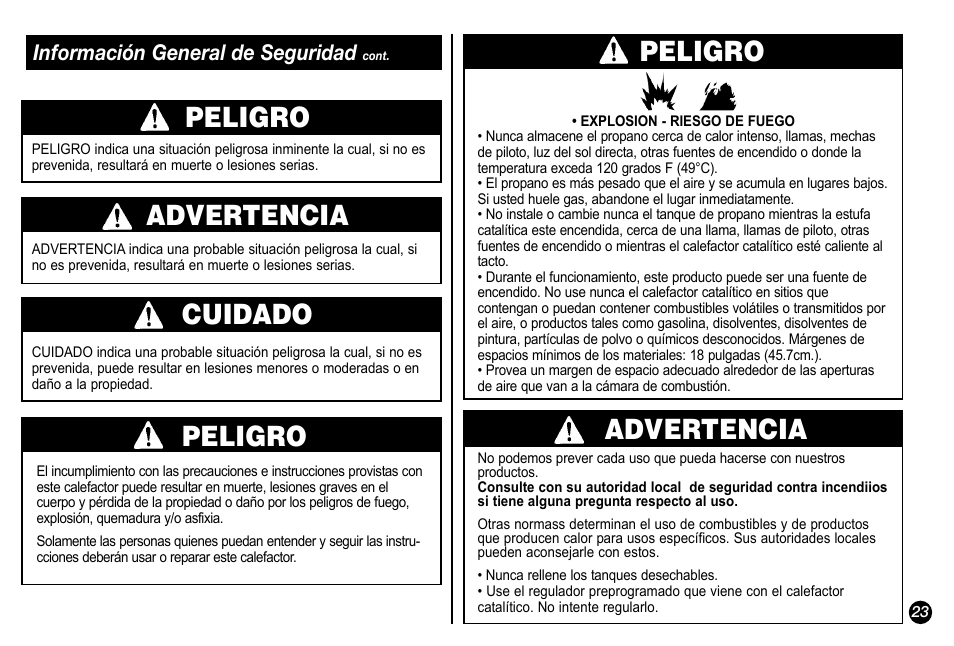 Peligro, Advertencia, Cuidado | Información general de seguridad | Coleman 5034 User Manual | Page 23 / 32