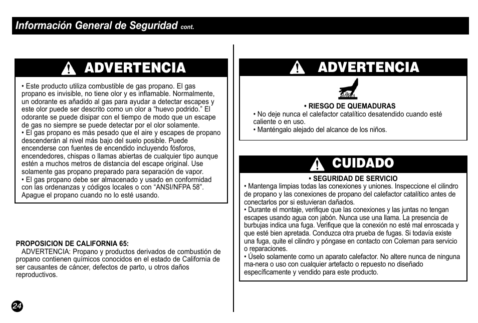 Advertencia, Cuidado, Información general de seguridad | Coleman 5034 User Manual | Page 24 / 32