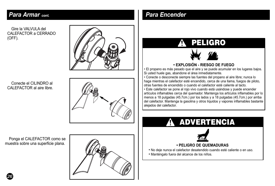 Peligro, Advertencia, Para encender | Para armar | Coleman 5034 User Manual | Page 26 / 32