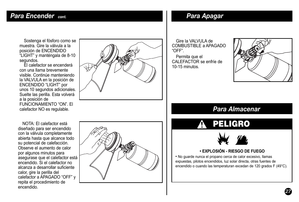 Peligro, Para encender, Para apagar | Para almacenar | Coleman 5034 User Manual | Page 27 / 32