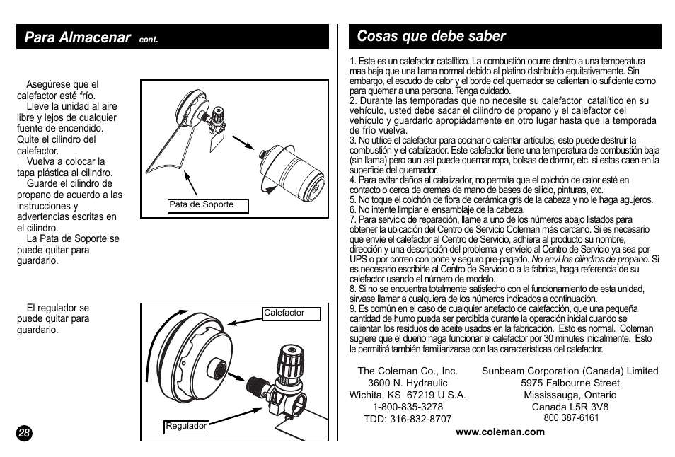 Para almacenar, Cosas que debe saber | Coleman 5034 User Manual | Page 28 / 32