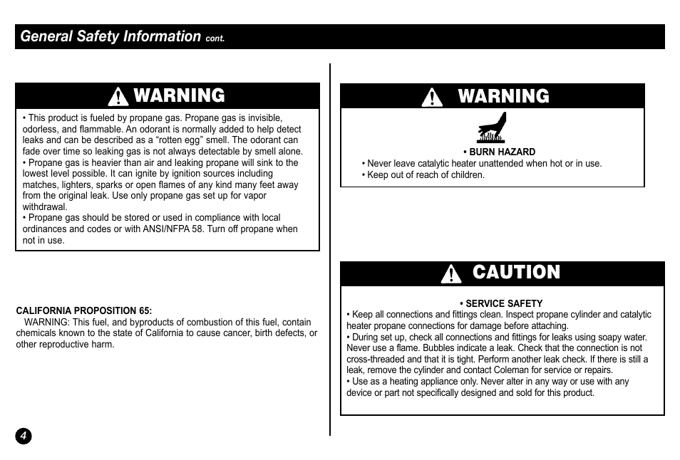 Warning, Caution warning, General safety information | Coleman 5034 User Manual | Page 4 / 32