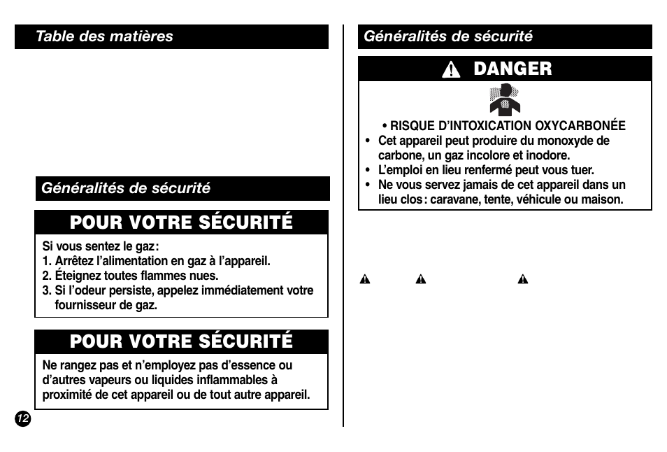 Danger, Pour votre sécurité | Coleman 5431A Series User Manual | Page 12 / 32