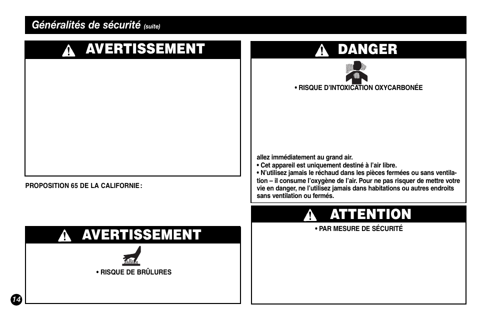 Avertissement, Attention, Danger | Généralités de sécurité | Coleman 5431A Series User Manual | Page 14 / 32