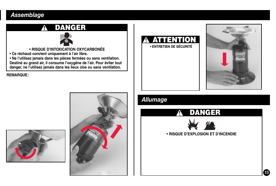 Attention, Danger, Assemblage | Allumage | Coleman 5431A Series User Manual | Page 15 / 32