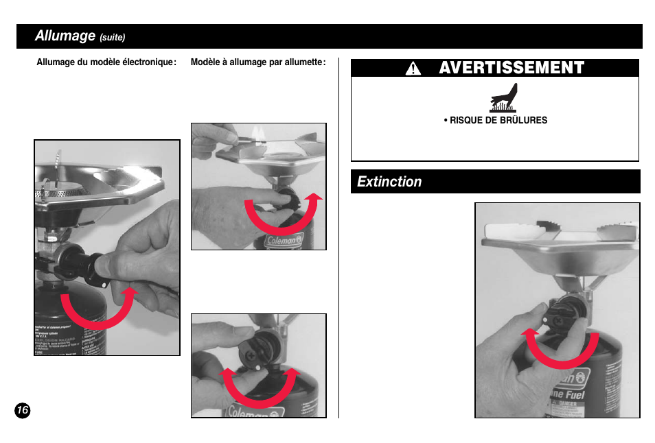 Avertissement, Allumage, Extinction | Coleman 5431A Series User Manual | Page 16 / 32